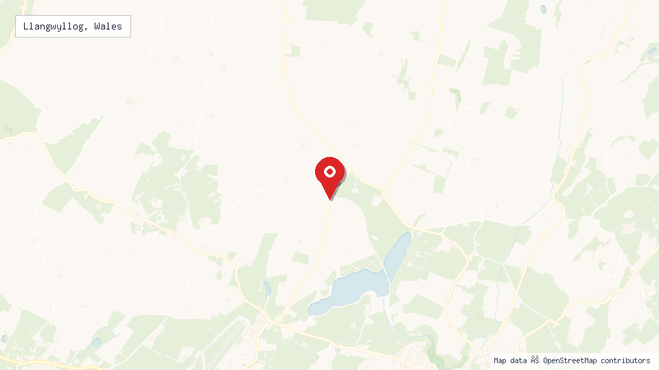 Street map of Llangwyllog, Wales with location pin