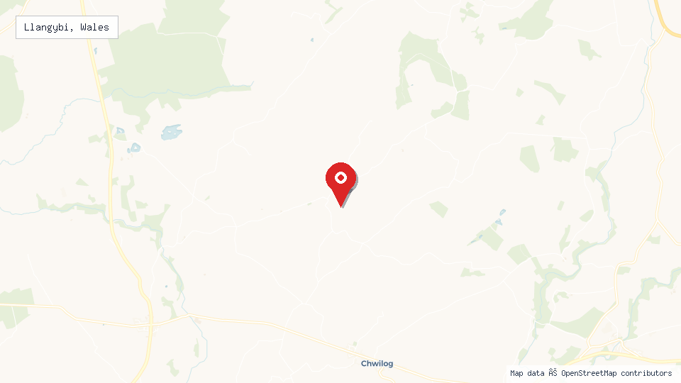 Street map of Llangybi, Wales with location pin