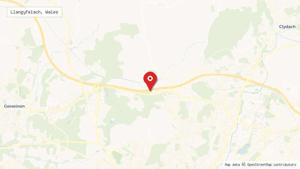 Street map of Llangyfelach, Wales with location pin