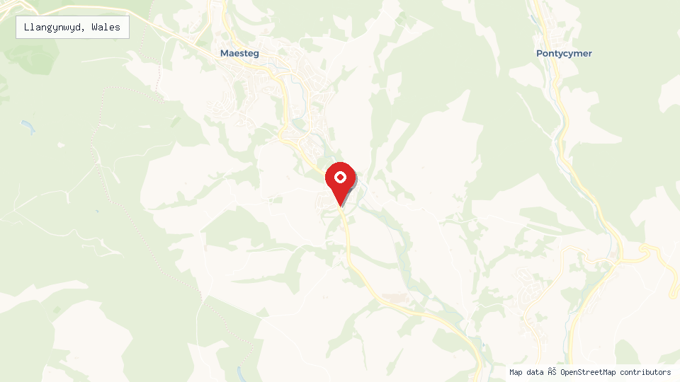 Street map of Llangynwyd, Wales with location pin