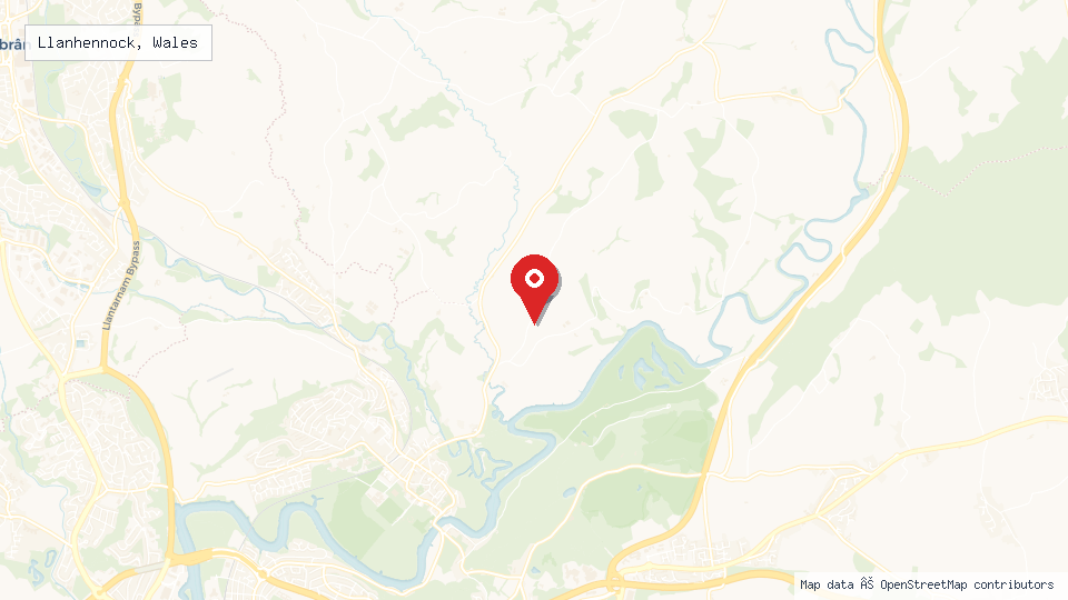 Street map of Llanhennock, Wales with location pin