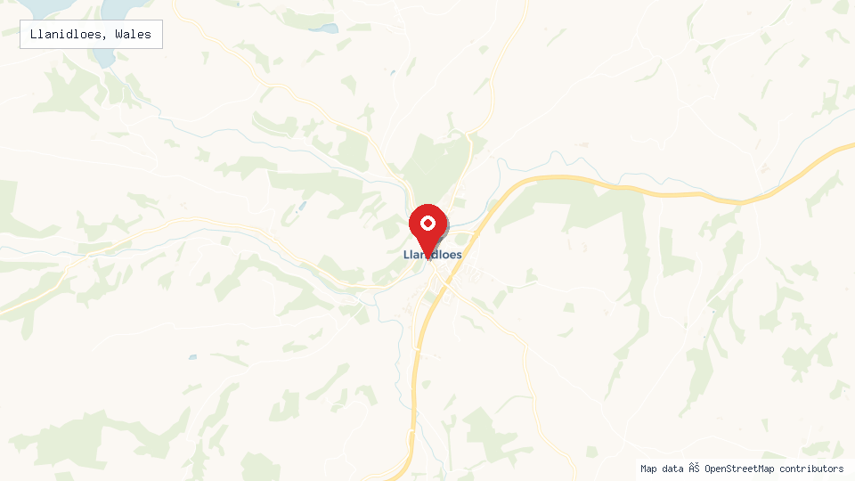 Street map of Llanidloes, Wales with location pin