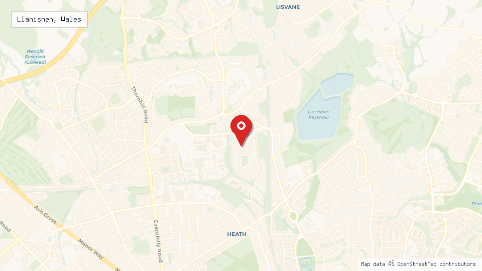 Street map of Llanishen, Wales with location pin