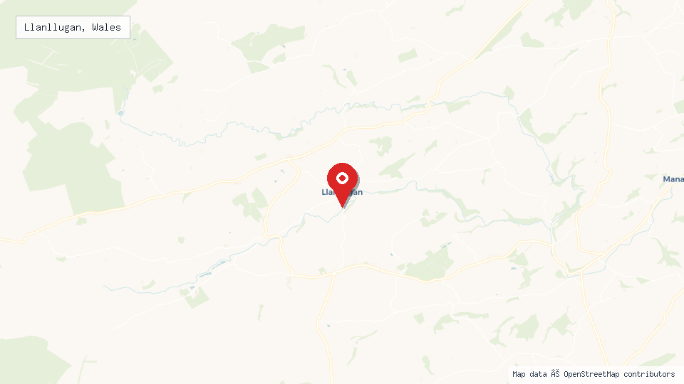 Street map of Llanllugan, Wales with location pin