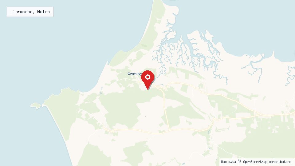 Street map of Llanmadoc, Wales with location pin