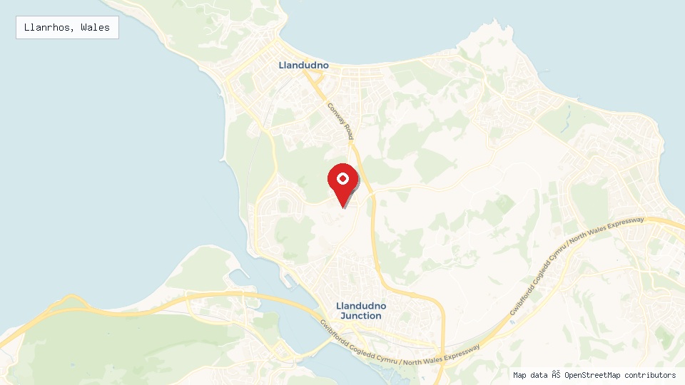 Street map of Llanrhos, Wales with location pin