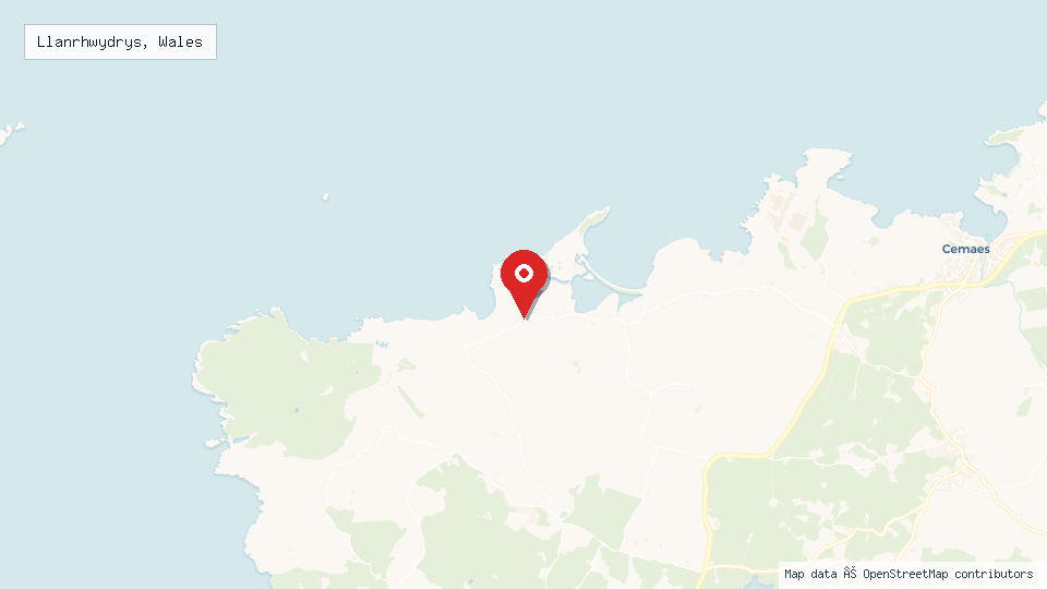Street map of Llanrhwydrys, Wales with location pin