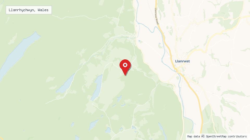 Street map of Llanrhychwyn, Wales with location pin