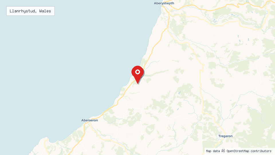 Street map of Llanrhystud, Wales with location pin