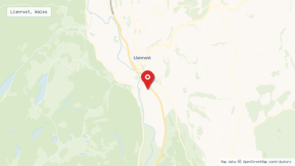 Street map of Llanrwst, Wales with location pin
