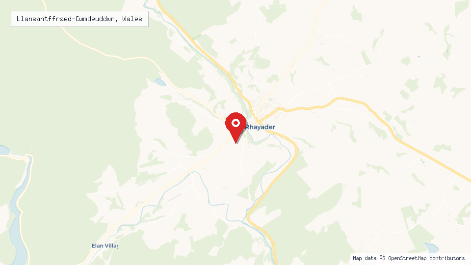 Street map of Llansantffraed-Cwmdeuddwr, Wales with location pin