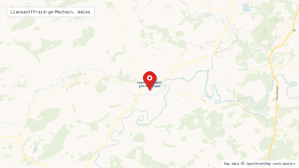 Street map of Llansantffraid-ym-Mechain, Wales with location pin