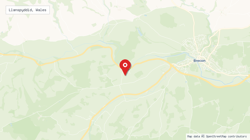 Street map of Llanspyddid, Wales with location pin
