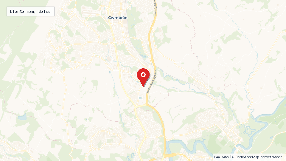 Street map of Llantarnam, Wales with location pin