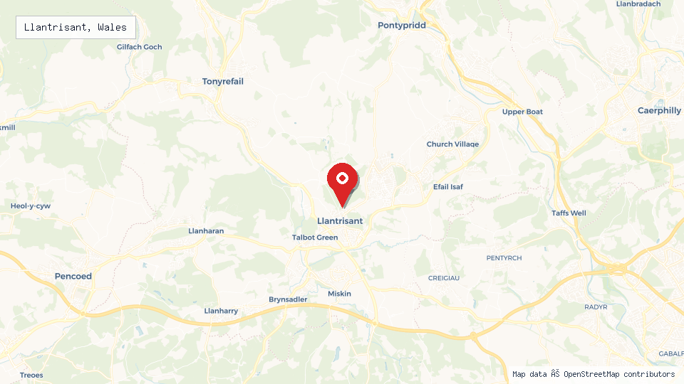 Street map of Llantrisant, Wales with location pin