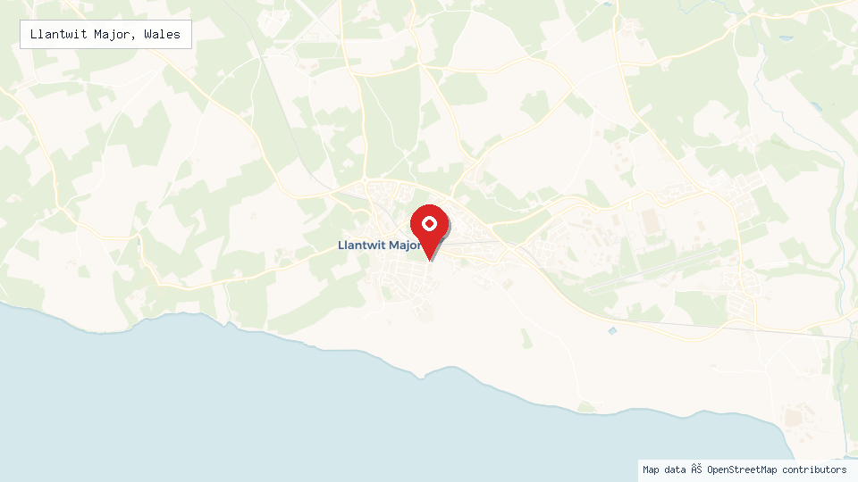 Street map of Llantwit Major, Wales with location pin