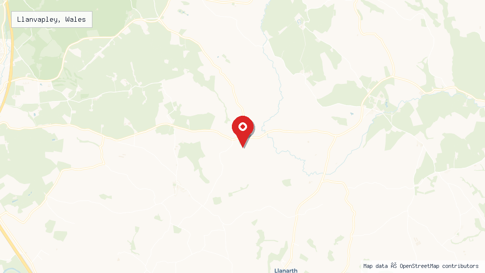 Street map of Llanvapley, Wales with location pin