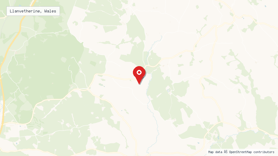 Street map of Llanvetherine, Wales with location pin