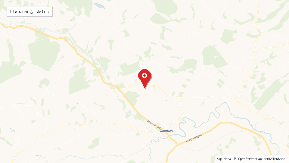 Street map of Llanwnnog, Wales with location pin