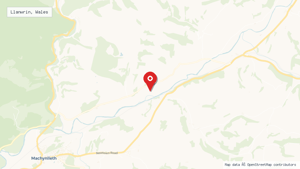 Street map of Llanwrin, Wales with location pin