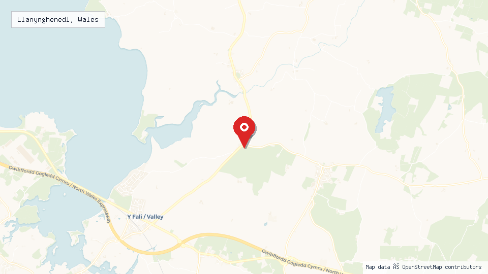 Street map of Llanynghenedl, Wales with location pin