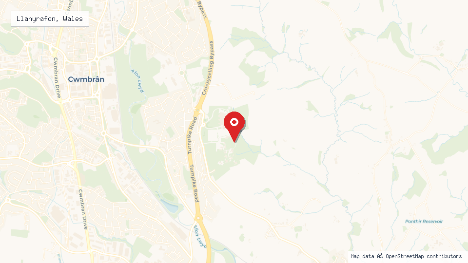 Street map of Llanyrafon, Wales with location pin