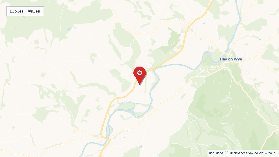 Street map of Llowes, Wales with location pin