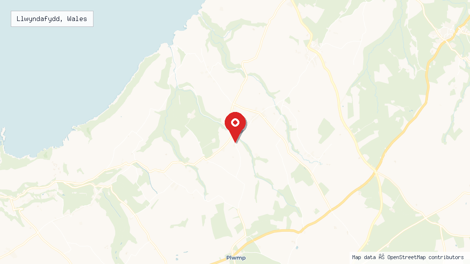 Street map of Llwyndafydd, Wales with location pin