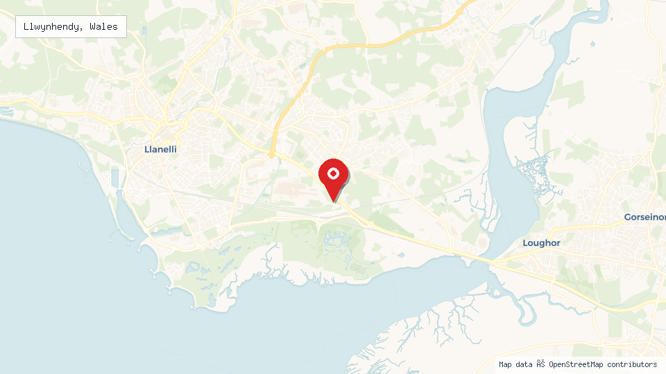 Street map of Llwynhendy, Wales with location pin