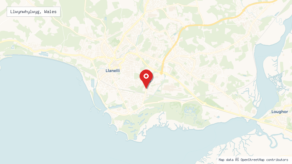 Street map of Llwynwhylwyg, Wales with location pin