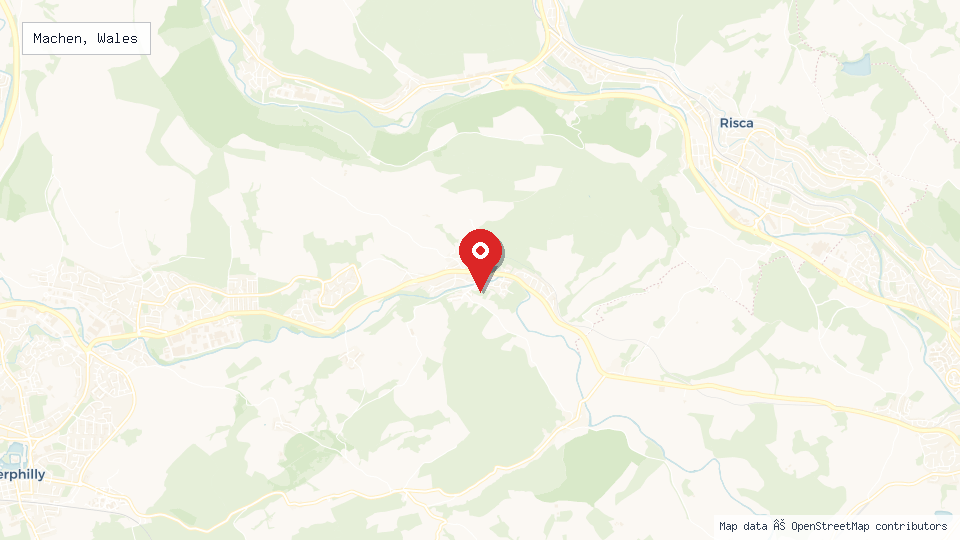 Street map of Machen, Wales with location pin