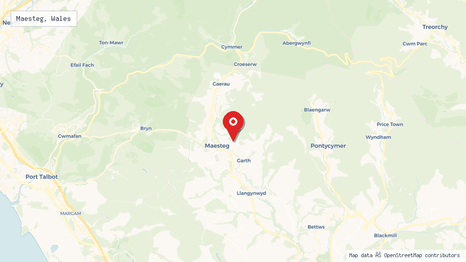 Street map of Maesteg, Wales with location pin