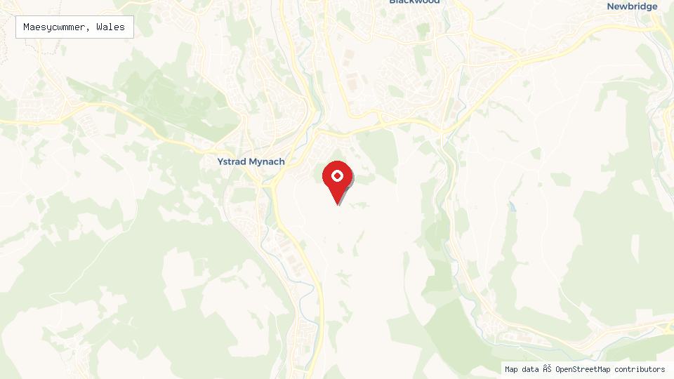 Street map of Maesycwmmer, Wales with location pin