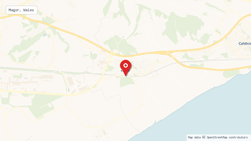 Street map of Magor, Wales with location pin