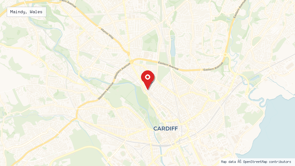 Street map of Maindy, Wales with location pin