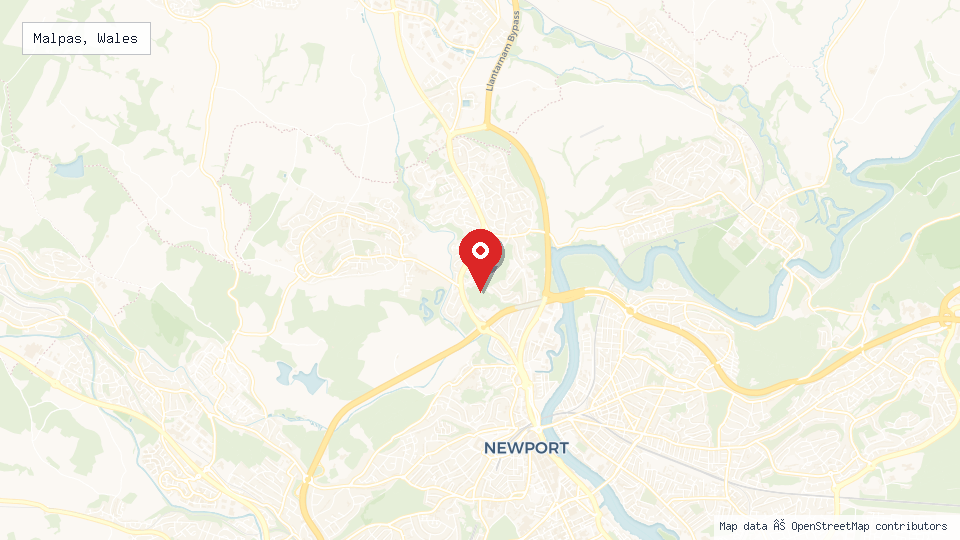 Street map of Malpas, Wales with location pin