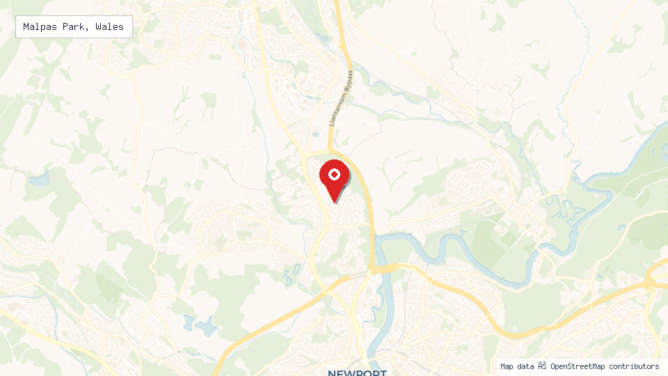 Street map of Malpas Park, Wales with location pin