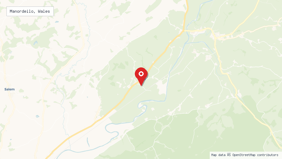 Street map of Manordeilo, Wales with location pin