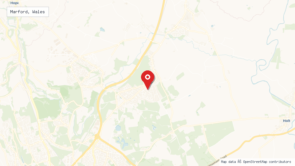 Street map of Marford, Wales with location pin