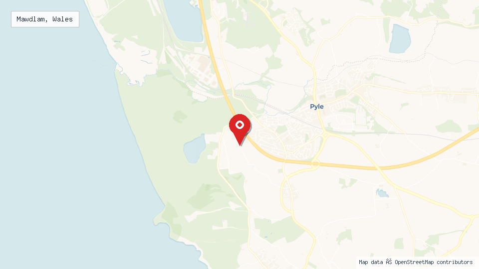 Street map of Mawdlam, Wales with location pin