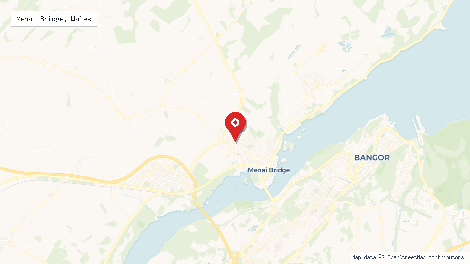 Street map of Menai Bridge, Wales with location pin