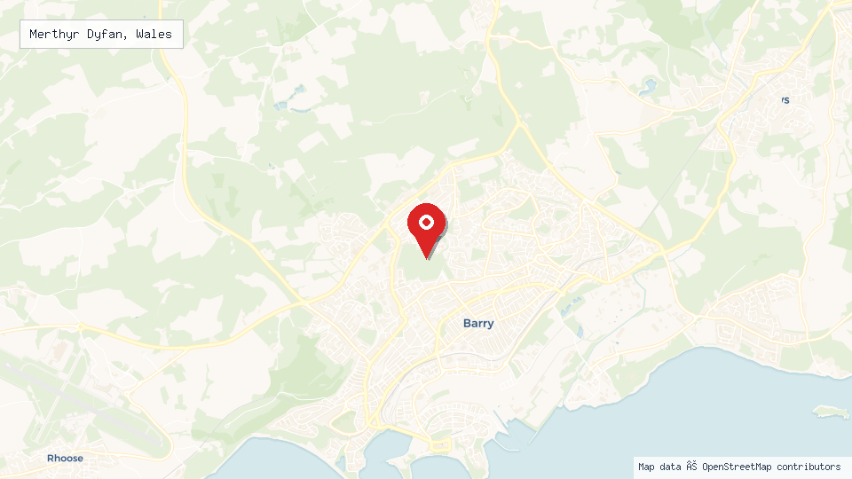 Street map of Merthyr Dyfan, Wales with location pin