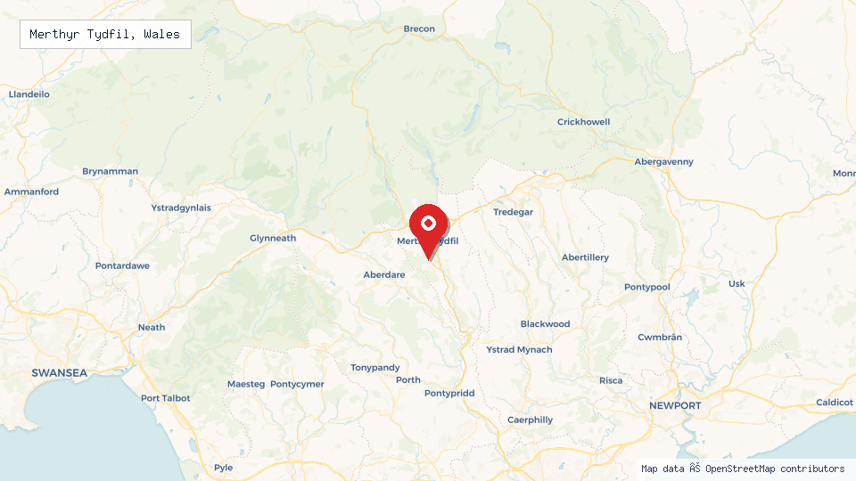 Street map of Merthyr Tydfil, Wales with location pin