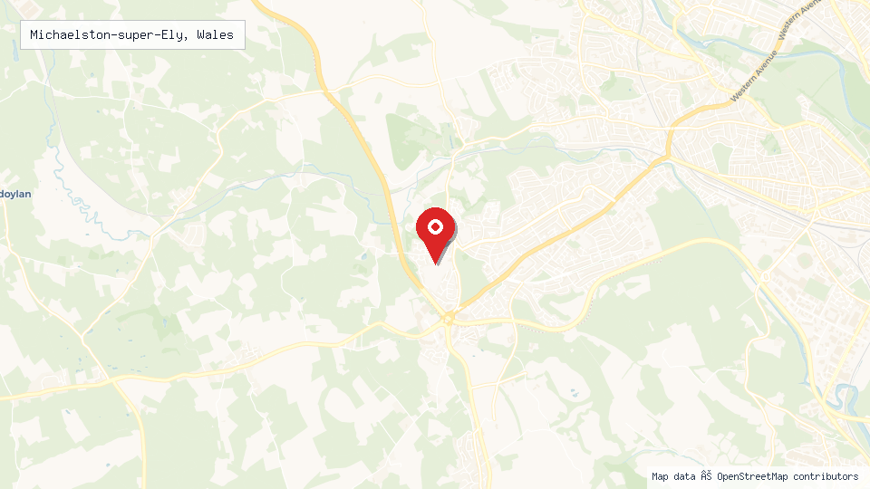 Street map of Michaelston-super-Ely, Wales with location pin