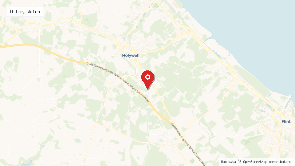 Street map of Milwr, Wales with location pin