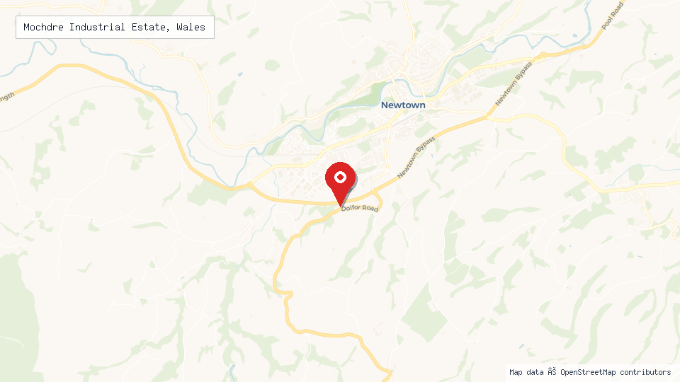 Street map of Mochdre Industrial Estate, Wales with location pin