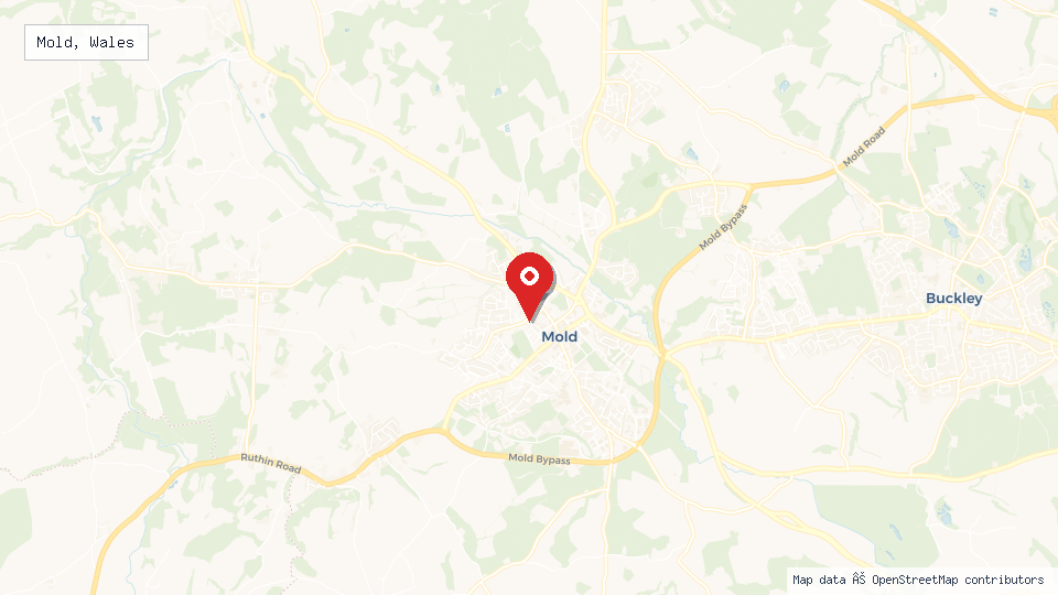 Street map of Mold, Wales with location pin