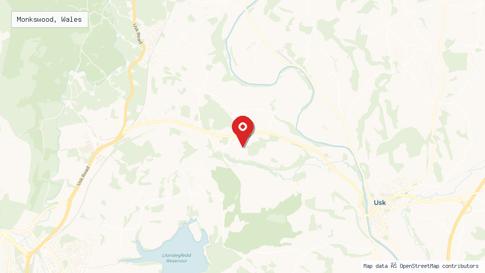 Street map of Monkswood, Wales with location pin