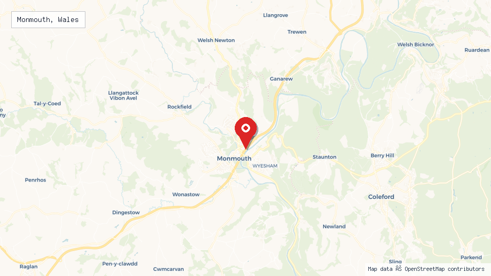 Street map of Monmouth, Wales with location pin