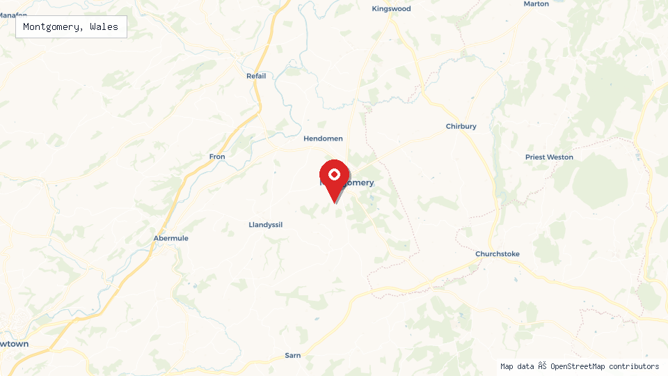 Street map of Montgomery, Wales with location pin